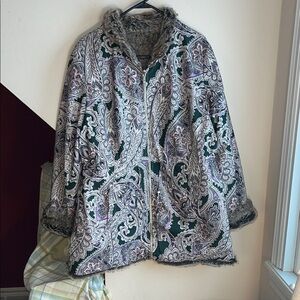 Chico’s Reversible Green Paisley Faux Fur Trim Coat 4 READ